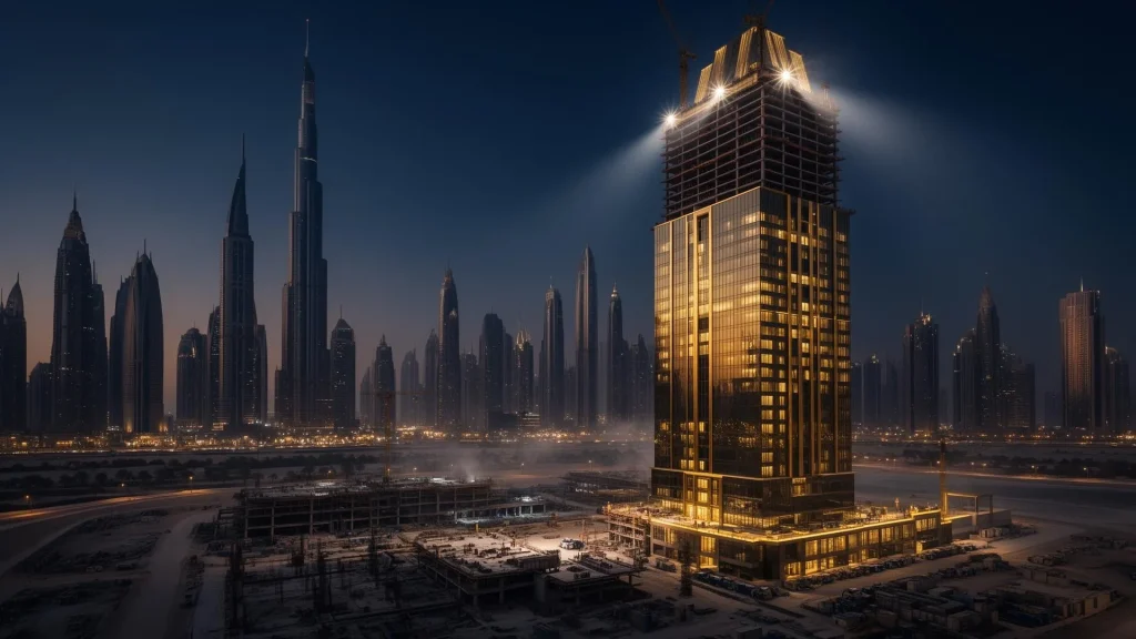 construction tower project in UAE at night with skyline view