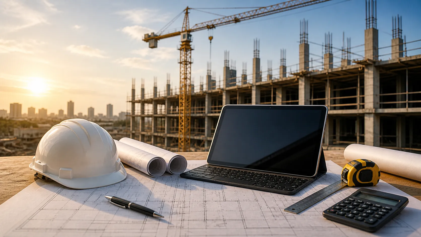 construction project planning with blueprint and site background