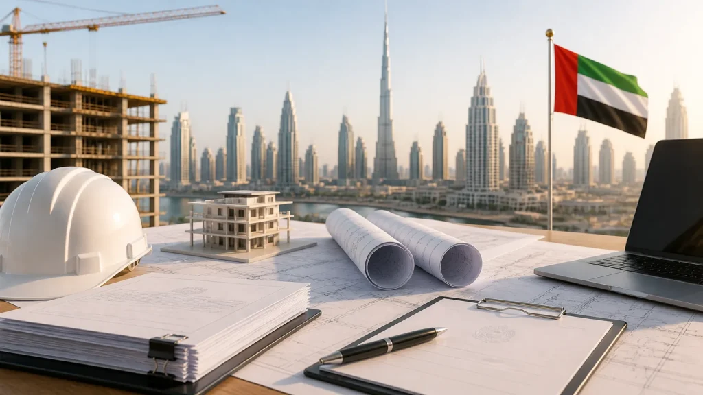 construction approvals UAE project planning with Dubai skyline and engineering drawings