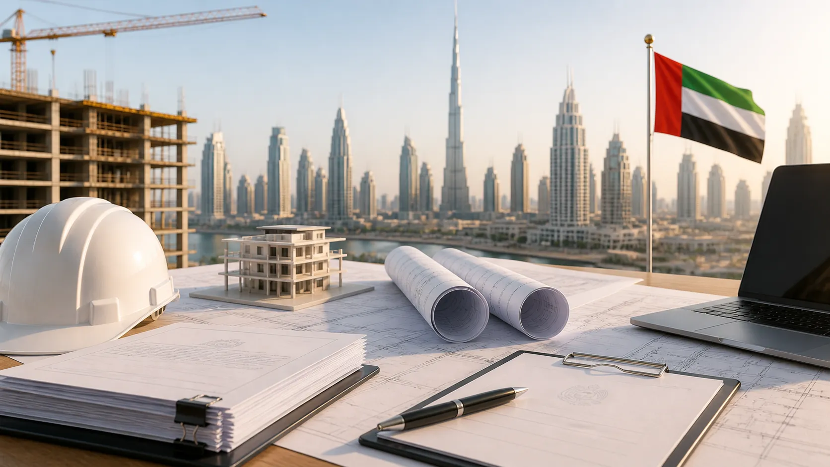 construction approvals UAE project planning with Dubai skyline and engineering drawings