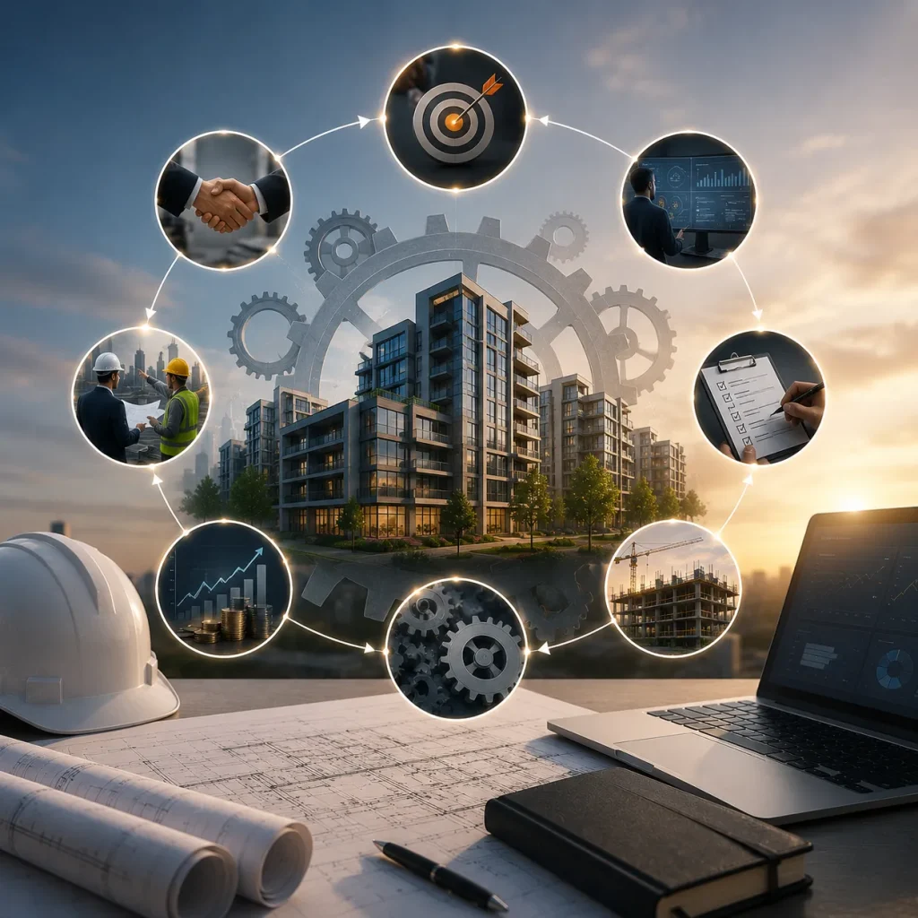 Real estate development project lifecycle with planning, construction, investment, coordination, and operational management icons