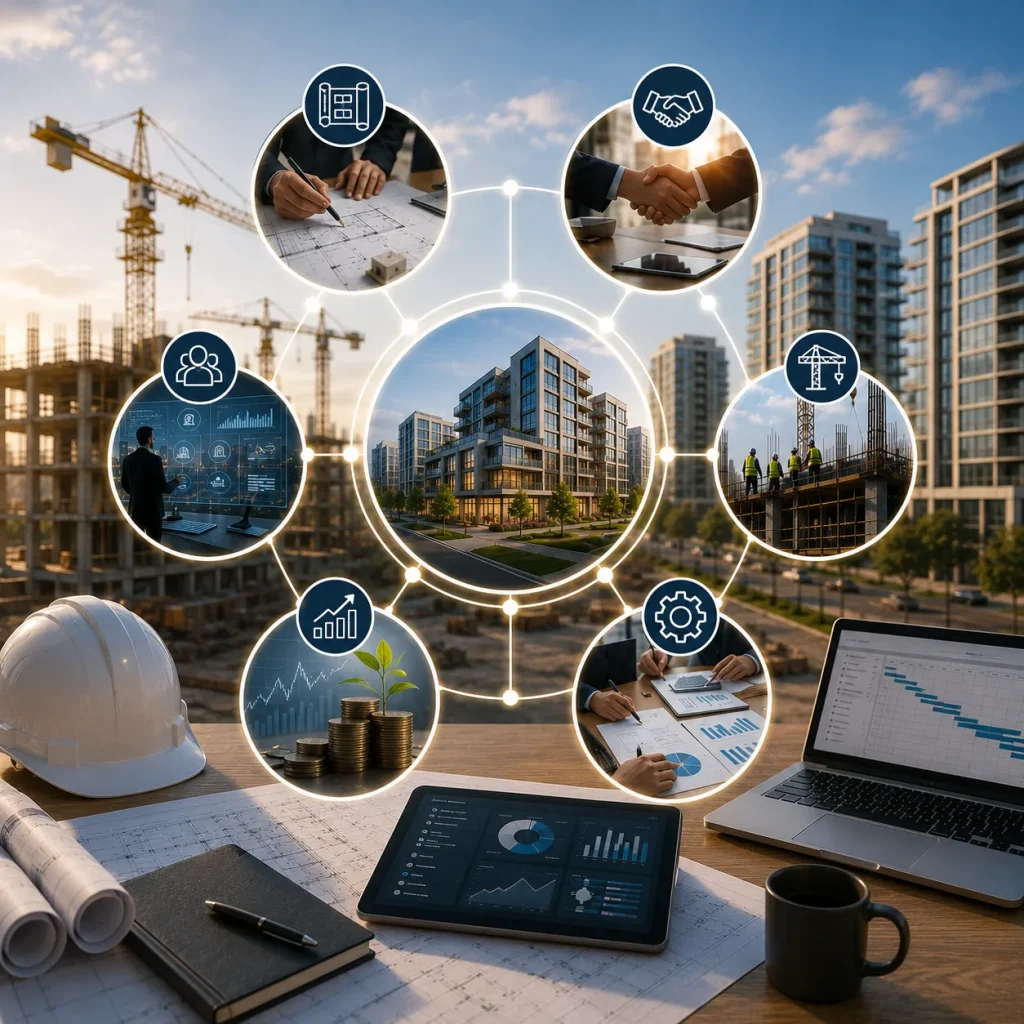 Corporate real estate development and construction management overview with planning, investment and project coordination icons