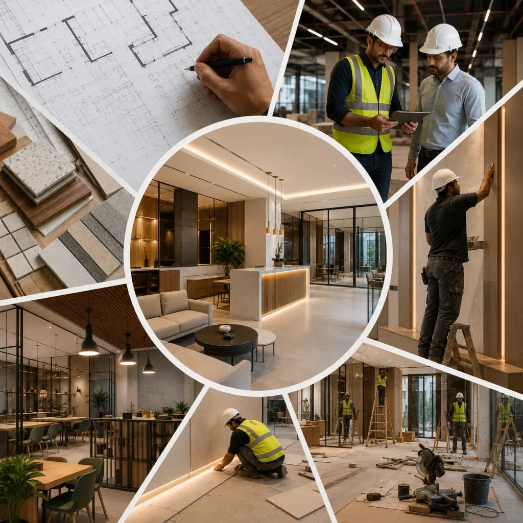 A professional interior design and fit-out concept showing planning, material selection, execution, and project coordination.