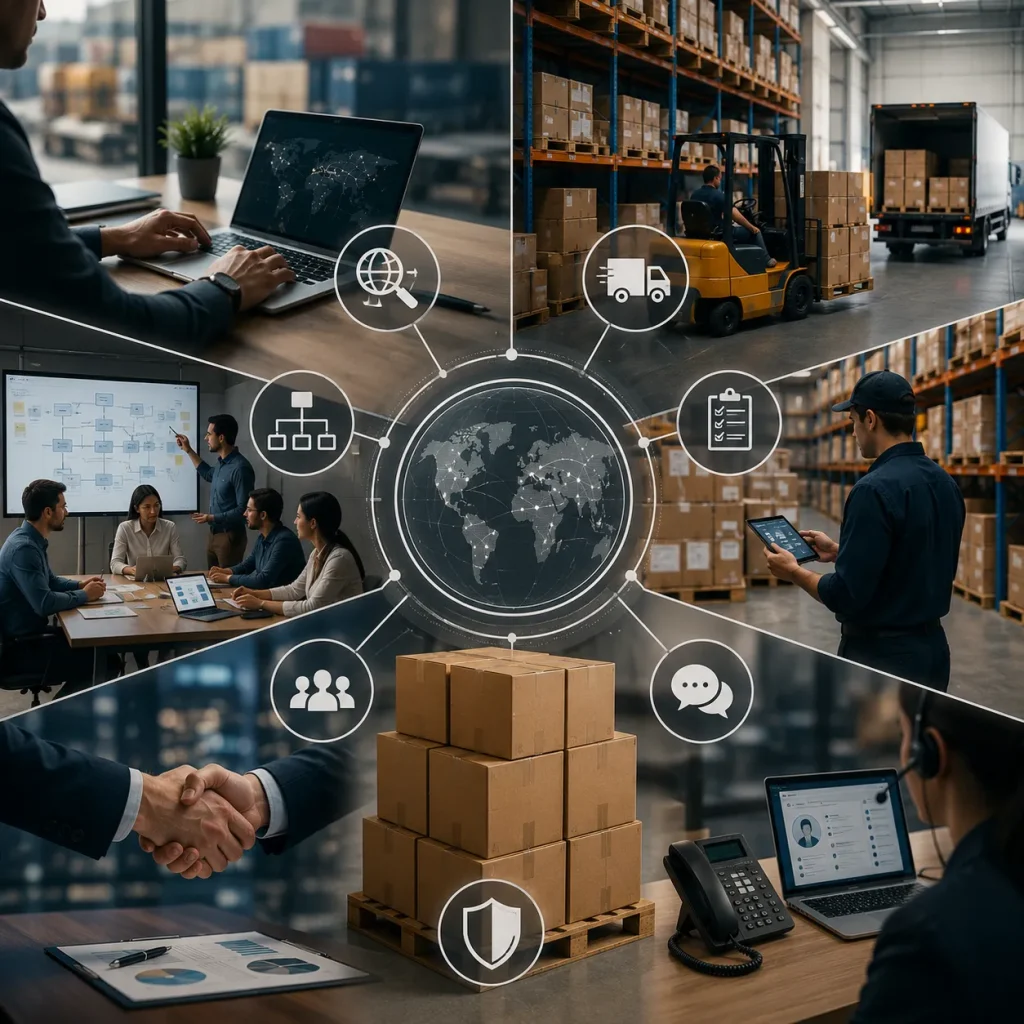 Modern logistics and supply chain coordination with warehouse operations, delivery management, and business support.
