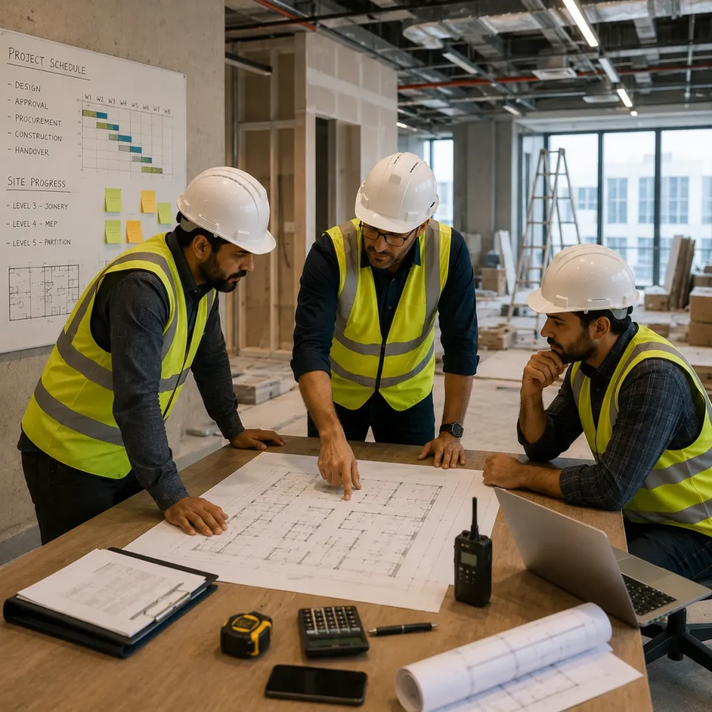 Project coordination team reviewing interior fit-out plans on site