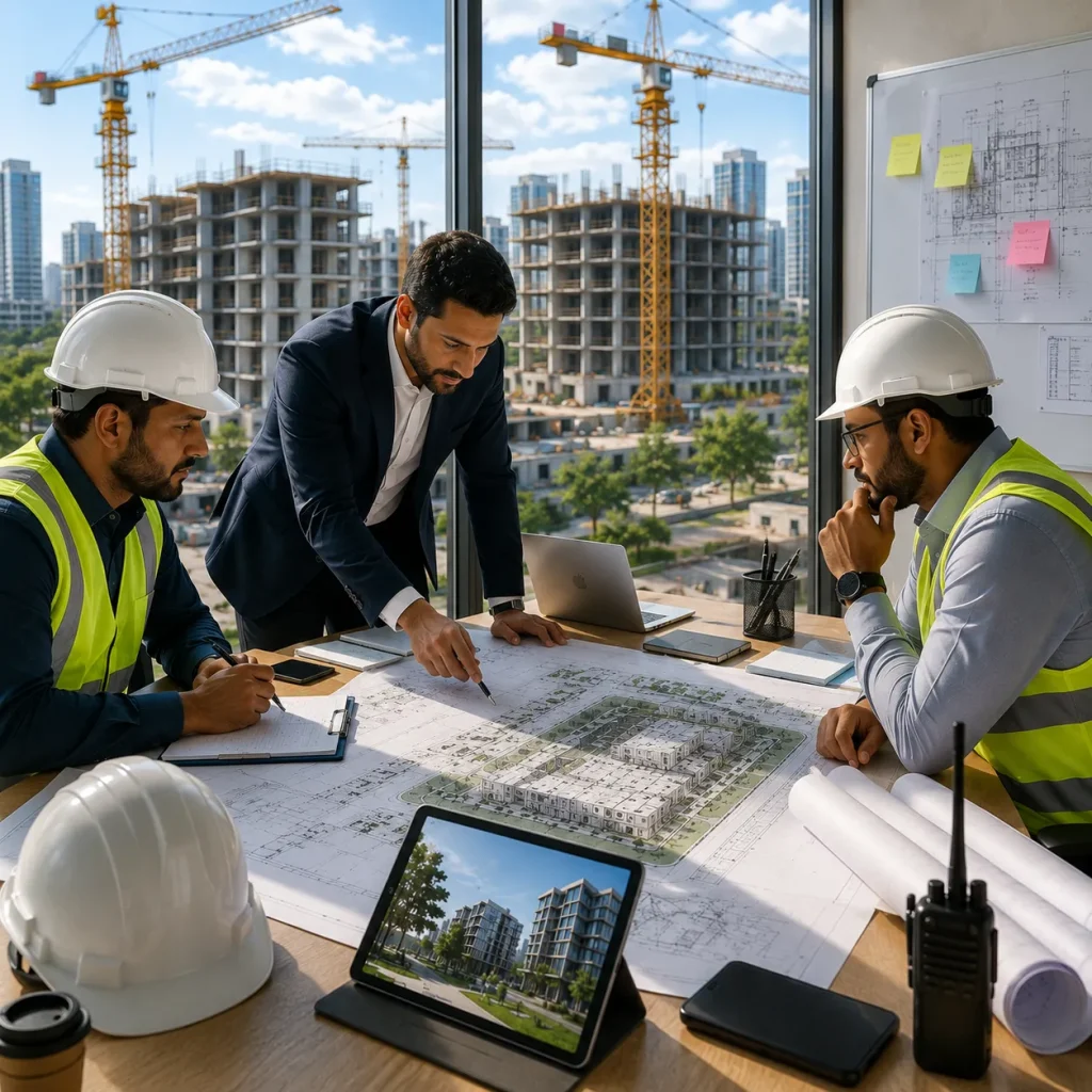 Project coordination meeting for real estate development and construction planning in the UAE