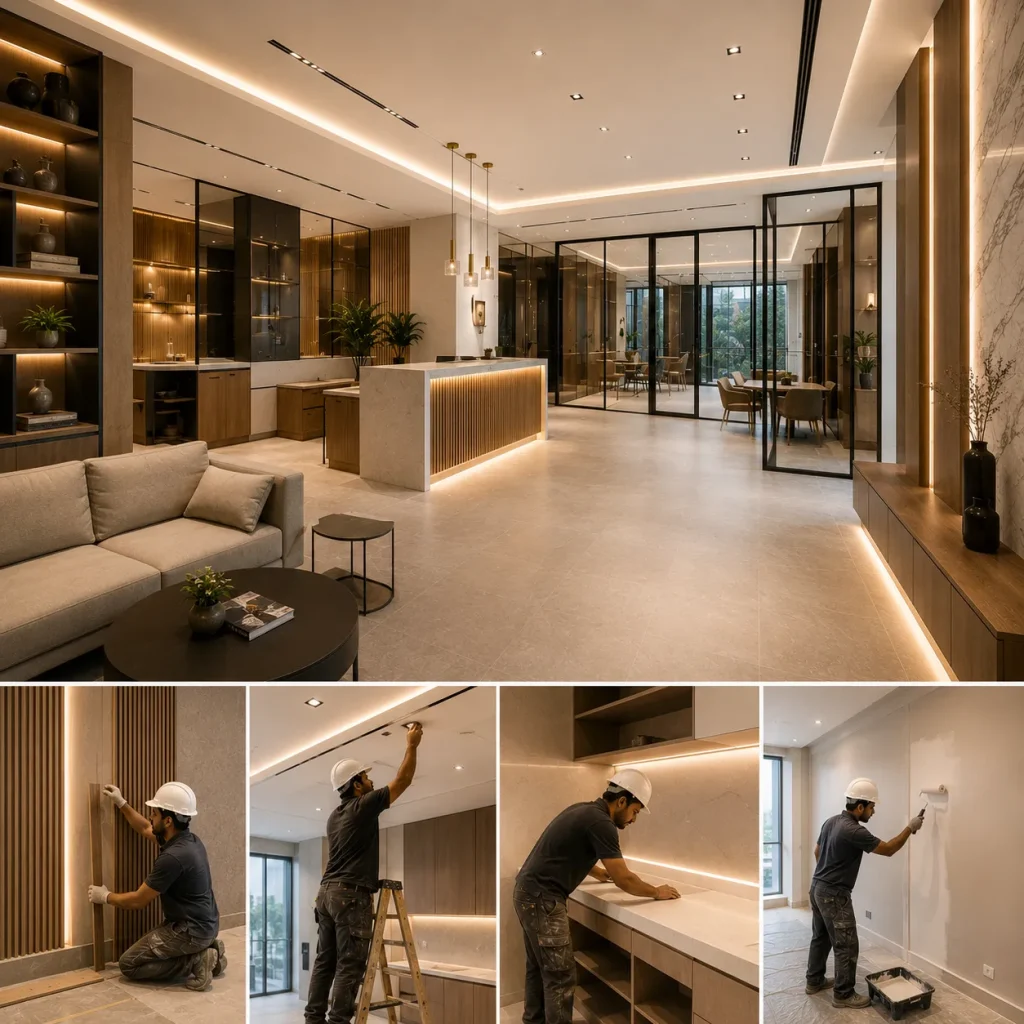 Modern interior fit-out project showing finished commercial space with installation and finishing work in progress