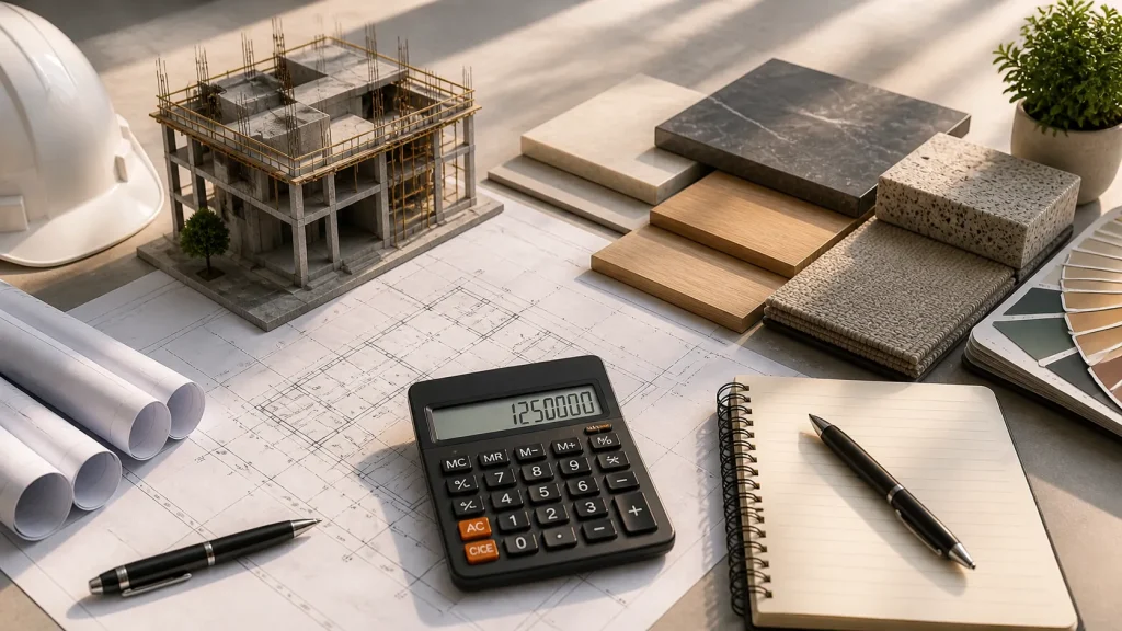 construction budget planning with materials samples calculator and architectural drawings