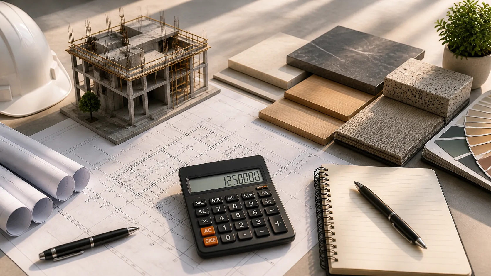 construction budget planning with materials samples calculator and architectural drawings