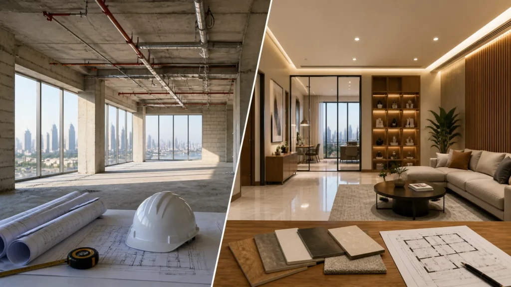 fit-out vs renovation interior comparison empty space and finished design