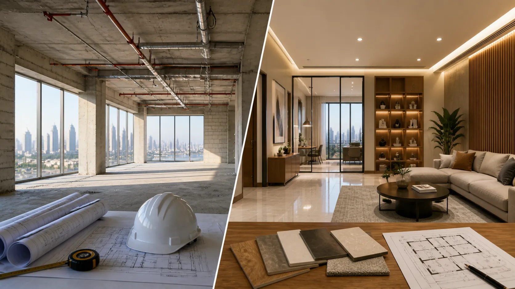 fit-out vs renovation interior comparison empty space and finished design