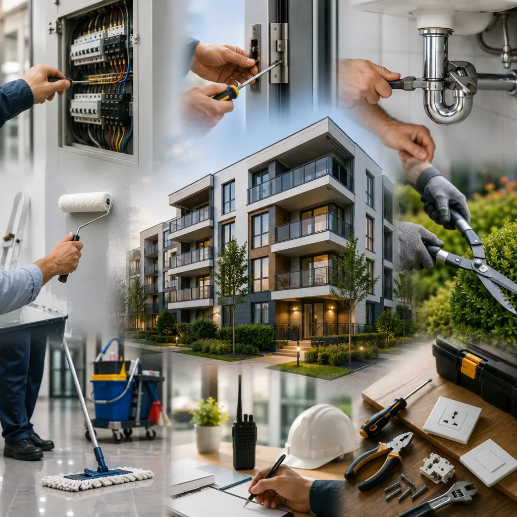 Professional property maintenance services including electrical, plumbing, cleaning, painting, landscaping, and repair support for residential and commercial buildings.